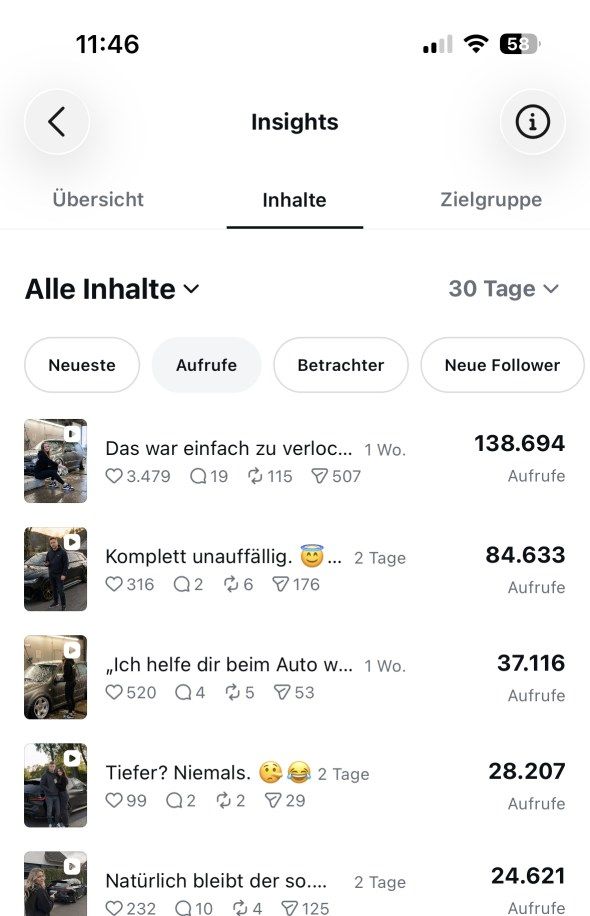 Instagram-Insights, Inhalte: einzelne Beiträge mit 138.694 und 84.633 Aufrufen