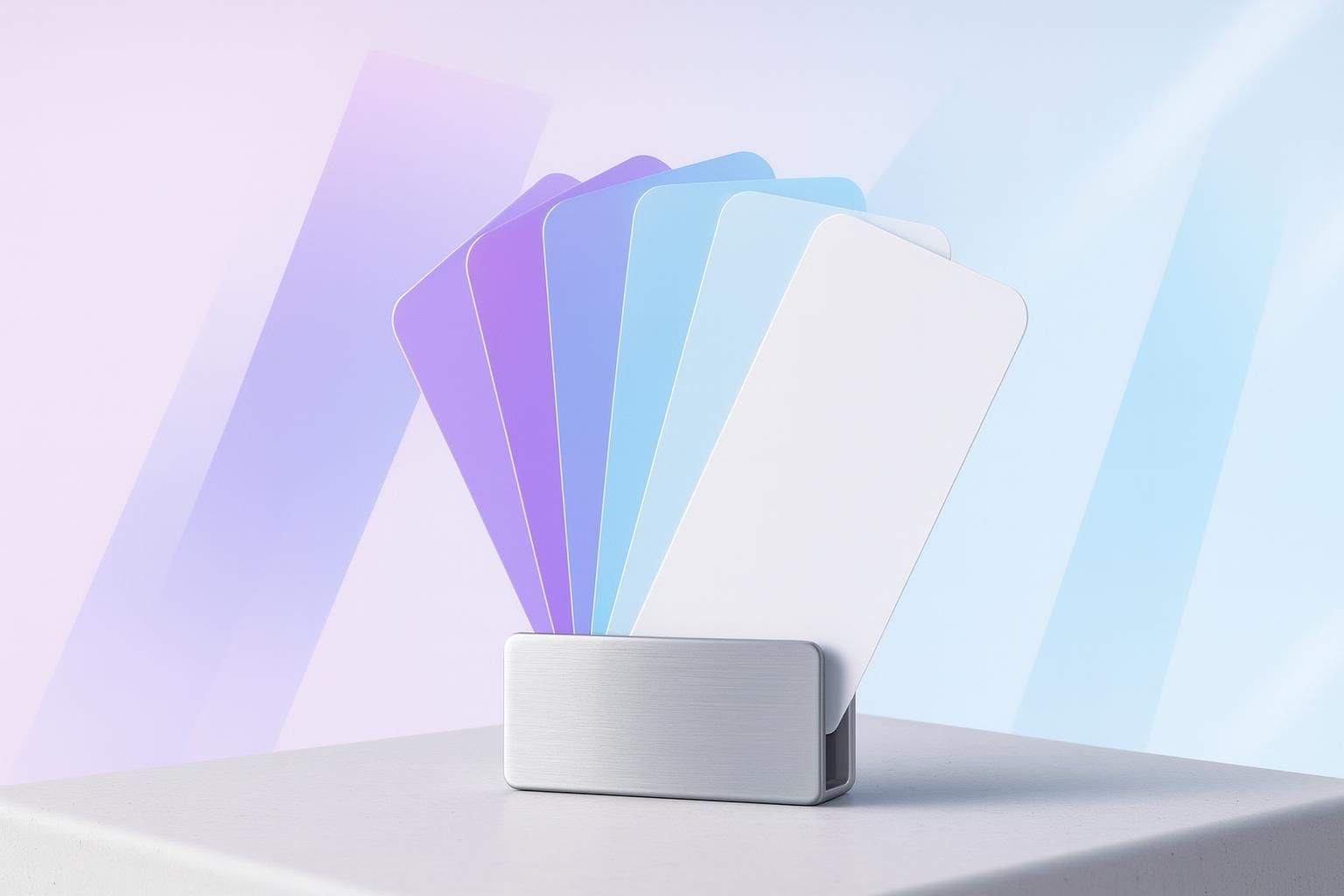 Aufgefächerte Fotokarten in Violett und Hellblau in einem Aluminiumhalter als Sinnbild für Instagram Ads