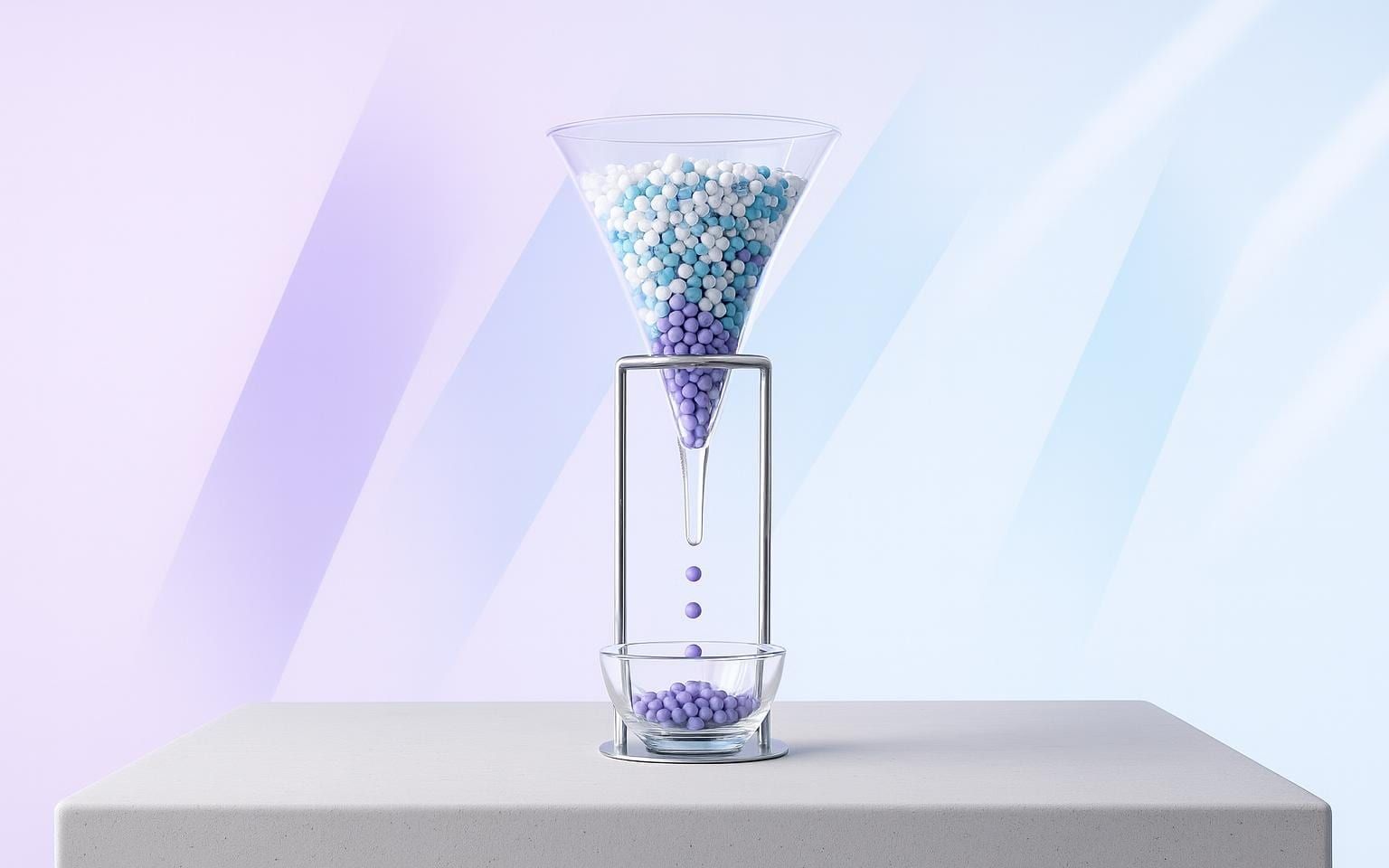 Glastrichter, der aus gemischten Perlen nur die violetten durchlässt, als Sinnbild für Filter mit JetSmartFilters