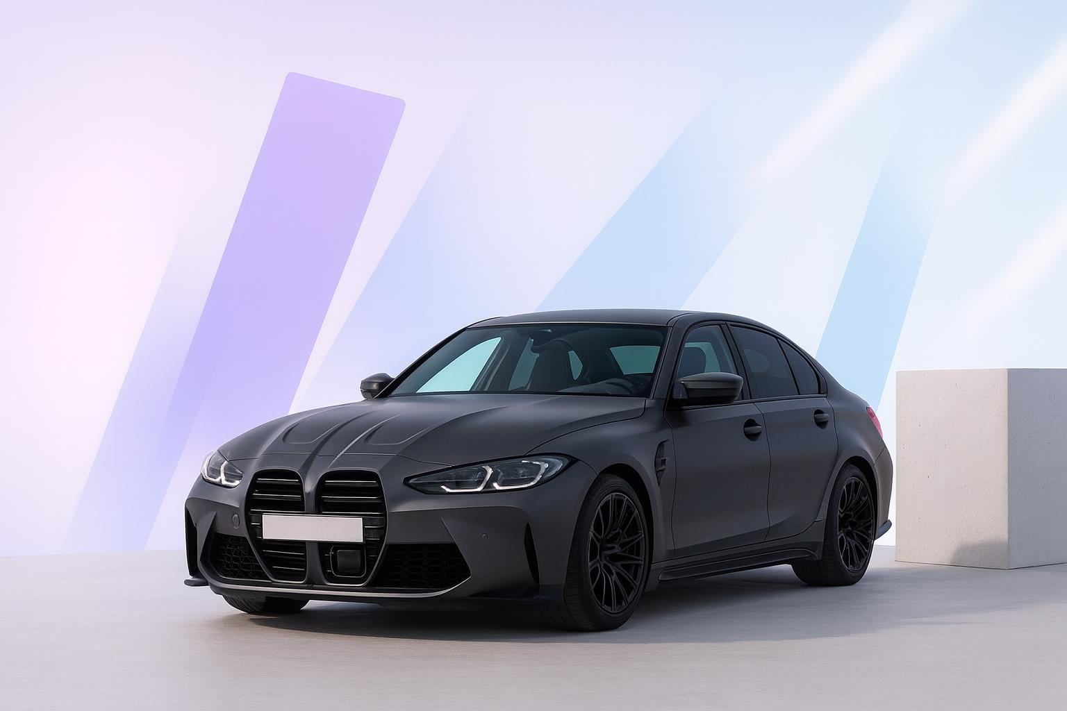 Dunkelgrauer BMW M3 im Studio vor Betonsockeln, Sinnbild für Onlineshops und Websites im KFZ-Tuning von Web Labels