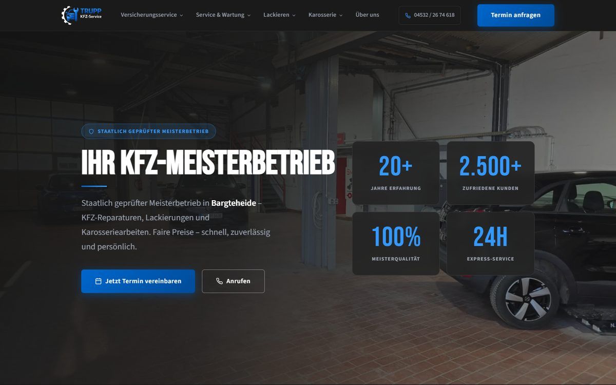 Startseite der Website von TRUPP KFZ-Service, umgesetzt von Web Labels mit Modiva