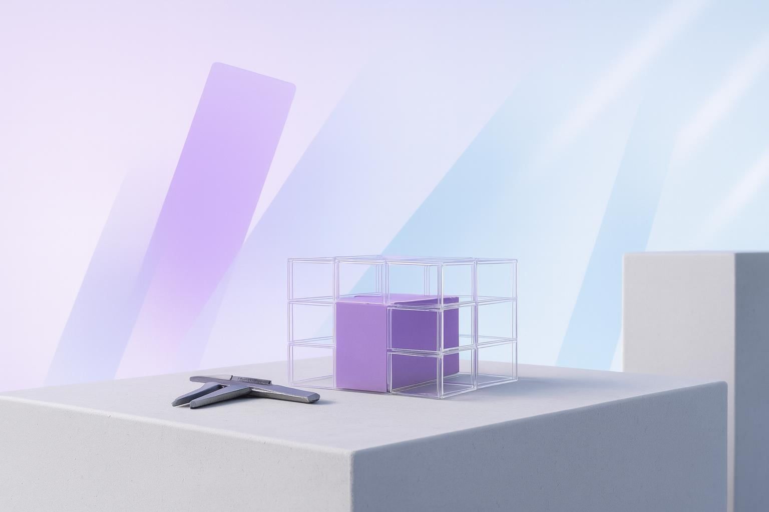 Gläsernes Architekturmodell mit einem fertigen violetten Modul und Messschieber als Sinnbild für KI-Prototyping
