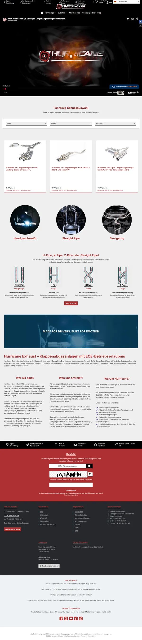Hurricane Exhaust homepage, online shop built by Web Labels