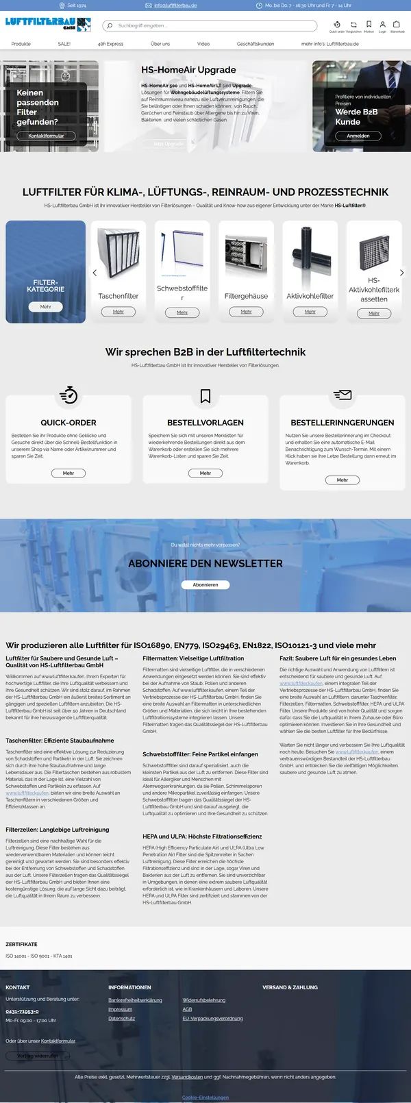 Startseite von HS-Luftfilterbau GmbH, Onlineshop umgesetzt von Web Labels