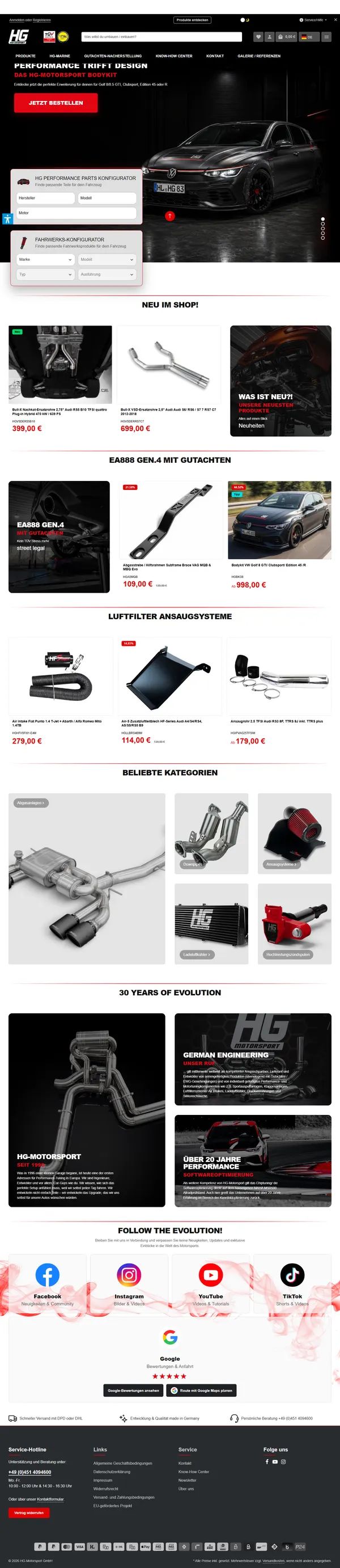 HG Motorsport GmbH homepage, online shop built by Web Labels