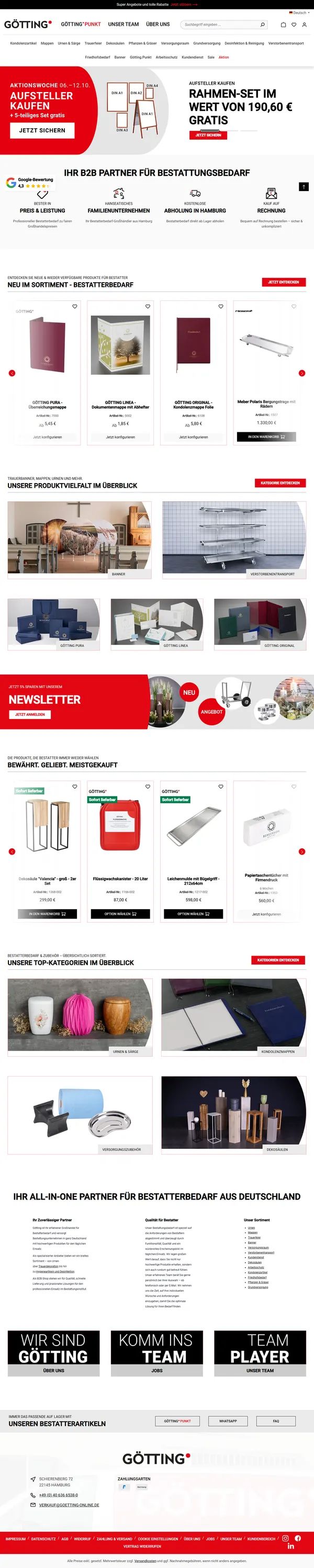 Home page of Götting Bestattungsbedarf, online shop built by Web Labels