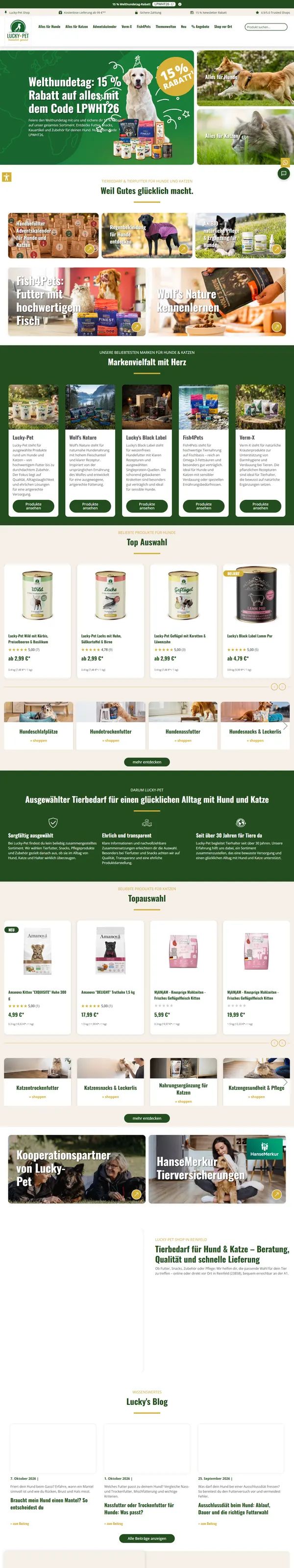 Lucky-Pet homepage, online shop built by Web Labels