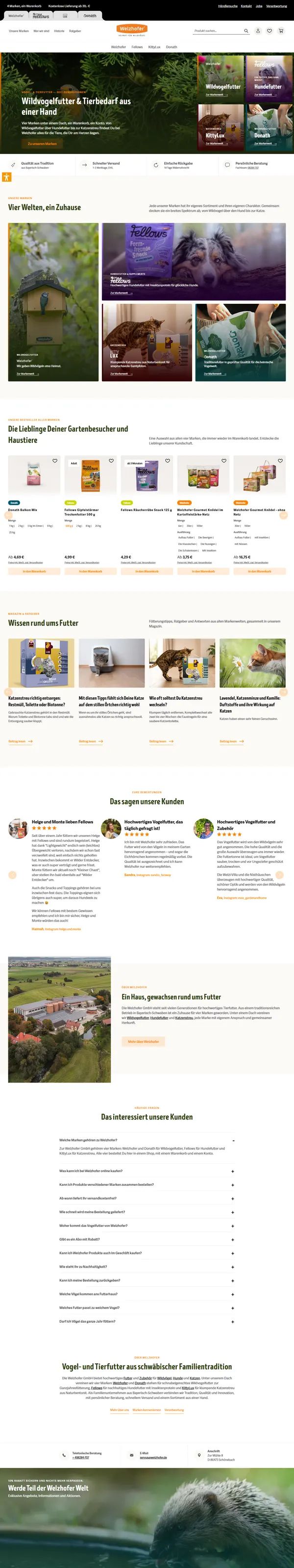Welzhofer homepage with the brands Welzhofer, Fellows, KittyLux and Donath, Shopware shop built by Web Labels