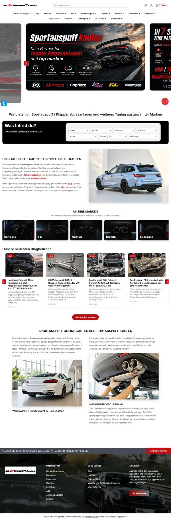 sportauspuff.kaufen homepage, online shop built by Web Labels
