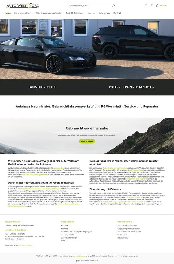 Home page of Auto Welt Nord, online shop built by Web Labels