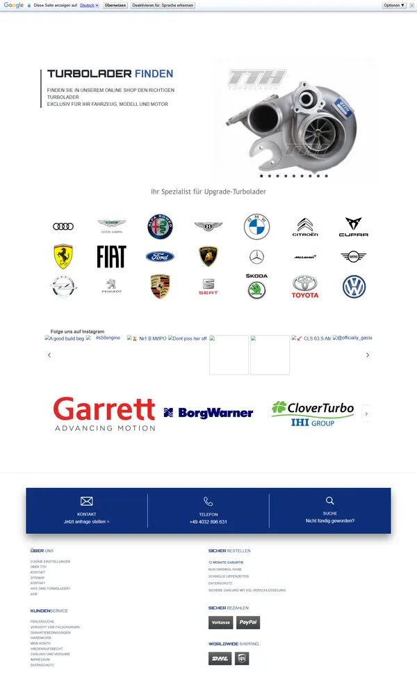 Turbo Technik Hamburg (TTH) homepage, online shop built by Web Labels