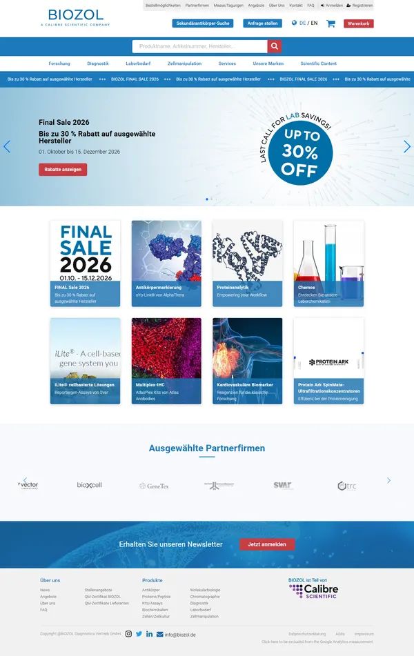 Biozol homepage, online shop built by Web Labels