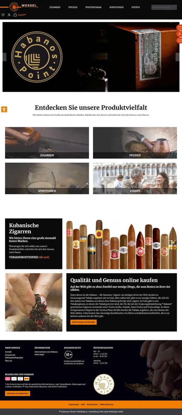 Tabacstore Wessel homepage, online shop built by Web Labels