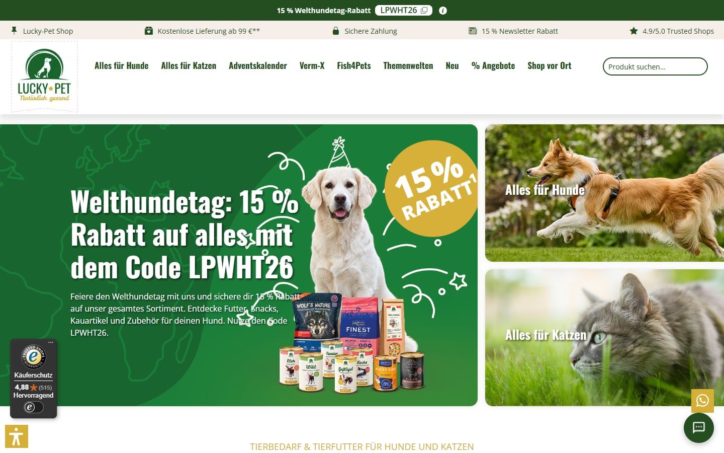 Startseite des Shopware-6-Shops von Lucky-Pet für Hunde- und Katzenbedarf, umgesetzt von Web Labels