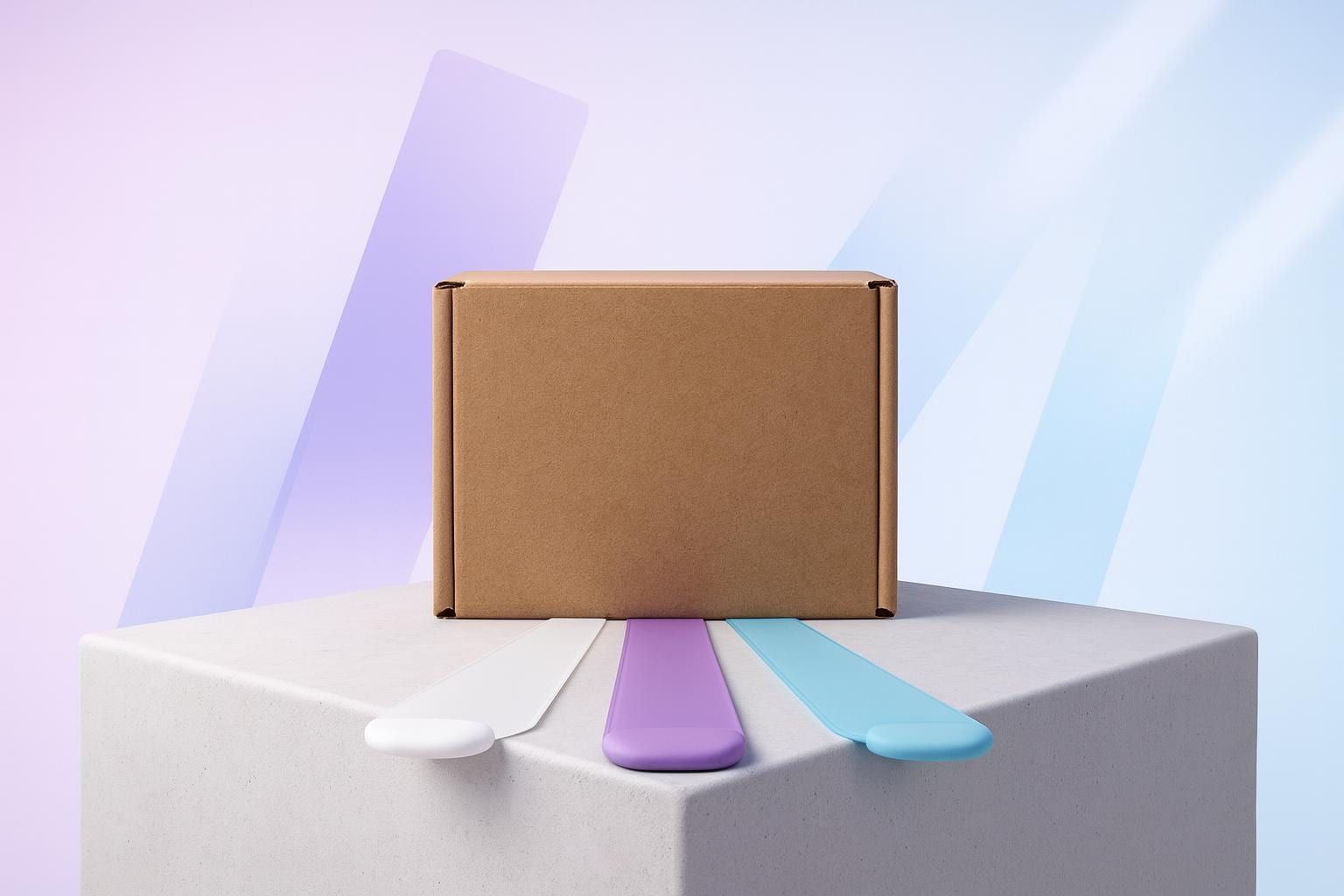 Shipping box with three ribbons in white, purple and light blue extending from it, symbolising the magnalister Shopware agency