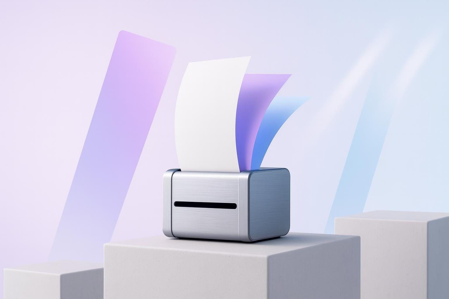Aluminiumgerät gibt Fächer leerer Blätter aus als Sinnbild für Content- und Marketing-Automation