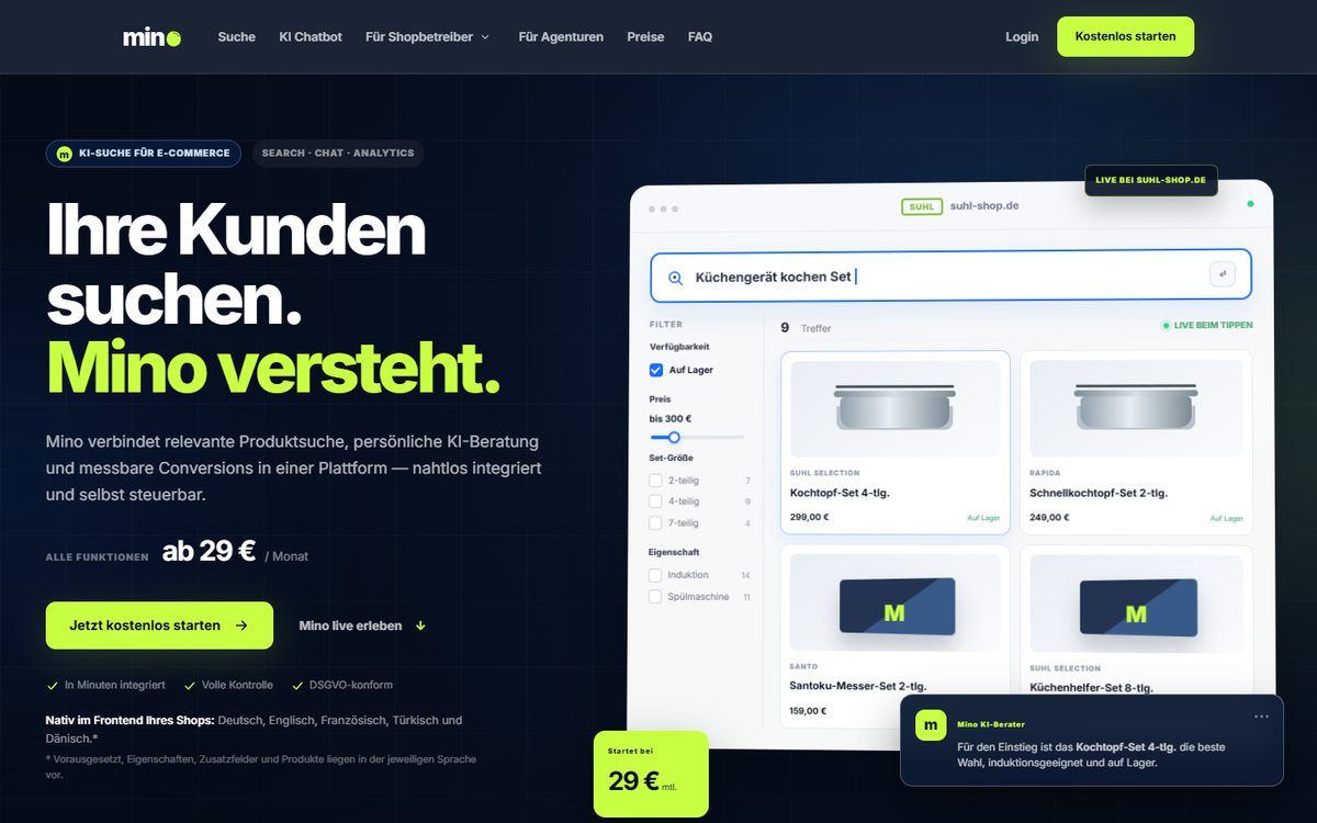 Startseite von Minofinder, KI-Suche und Produktberater für Onlineshops, entwickelt von Web Labels