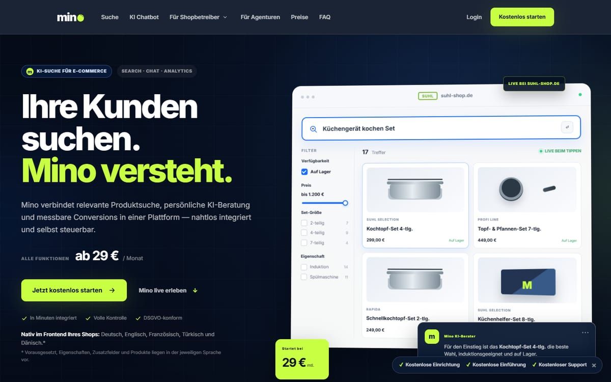 Startseite von Minofinder, der KI-Suche und dem Produktberater für Onlineshops