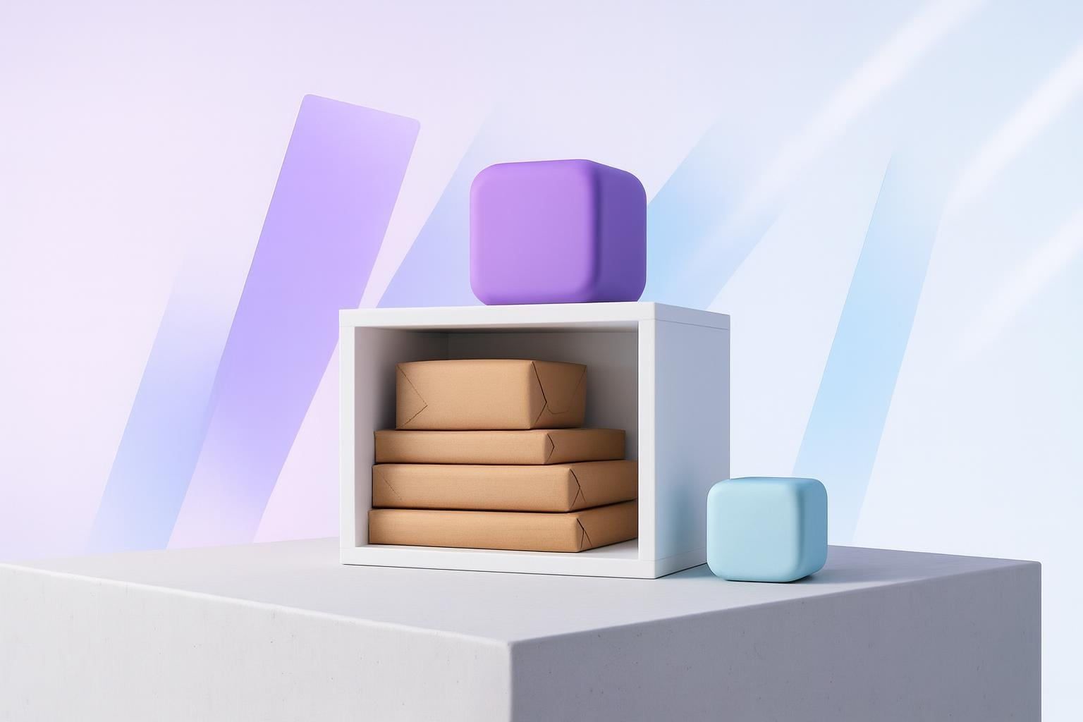 Weißes Lagerregal mit Paketen und violettem Modul als Sinnbild für Pickware Partner-Agentur und Vollintegration in Shopware 6