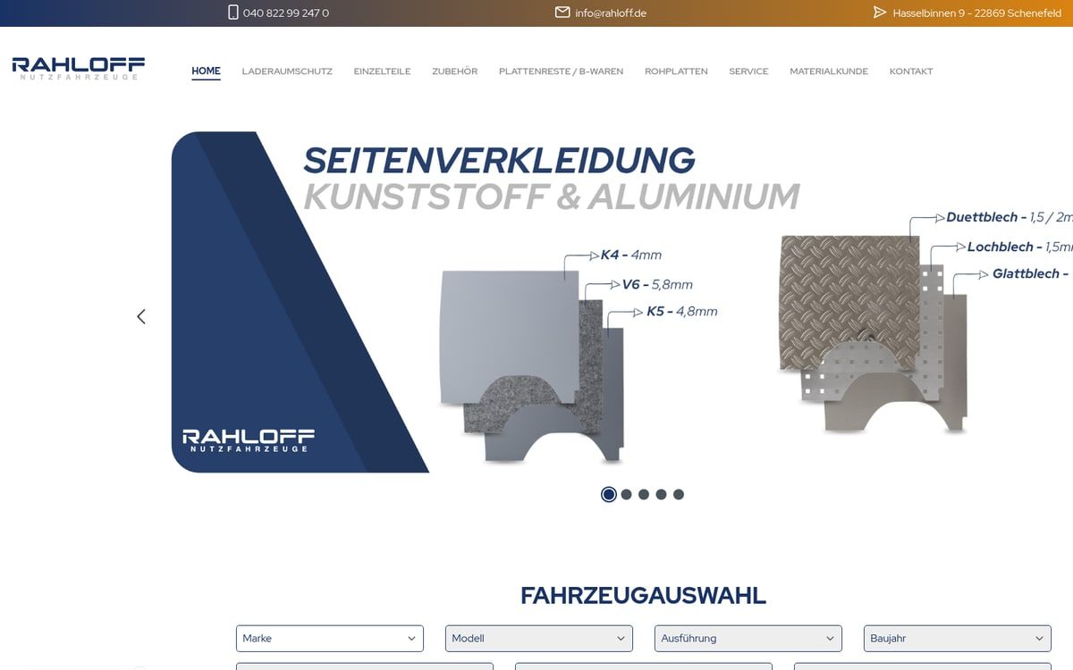 Startseite des Shopware-6-Shops von Rahloff Nutzfahrzeuge für Laderaumschutz mit Fahrzeugauswahl, umgesetzt mit Web Labels