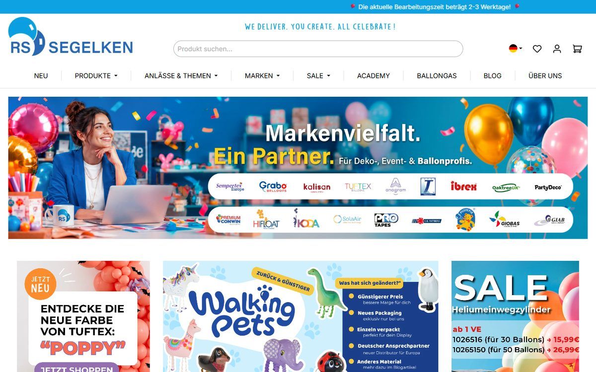 Startseite des B2B-Shops von RS-Segelken, Großhandel für Ballons und Partydeko, umgesetzt von Web Labels mit Shopware 6