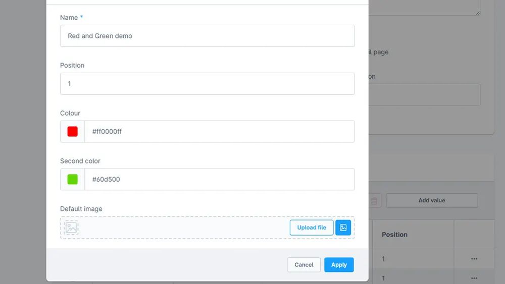 Screenshot Farb-Eigenschaften mit zwei Farben für Shopware 6: Ansicht 1