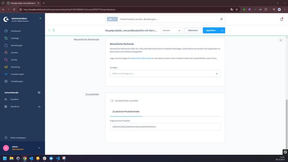 Screenshot Eigenschaften zugewiesener Produkte für Shopware 6: Ansicht 1
