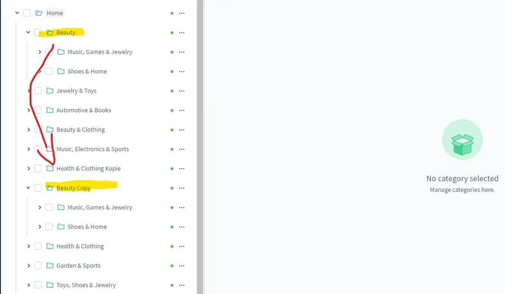 Screenshot Duplicate categories and category trees for Shopware 6: view 1