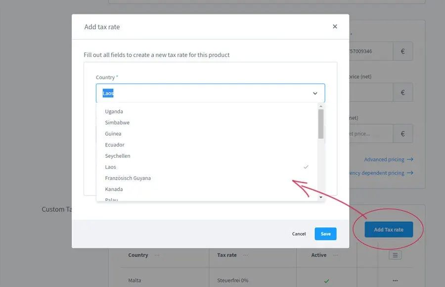 Screenshot OSS Extended: Steuersatz je Land und Produkt für Shopware 6: Steuersatz je Land und Produkt: Ansicht 1