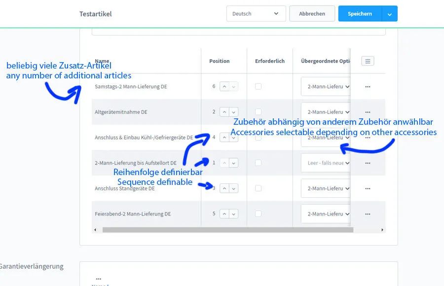Screenshot Zusatzoptionen für Artikel für Shopware 6: Ansicht 1