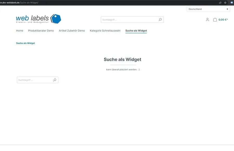 Screenshot Suche als Widget für Erlebniswelten für Shopware 6: Ansicht 1