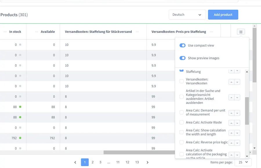 Screenshot Admin product overview with custom fields for Shopware 6: view 1