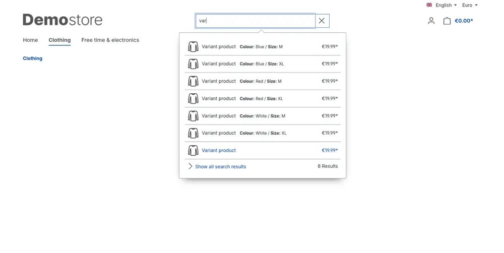 Screenshot Varianten in der Suche anzeigen für Shopware 6: Ansicht 1