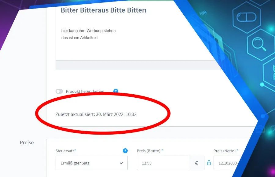 Screenshot Letzte Änderung am Artikel anzeigen für Shopware 6: Ansicht 1