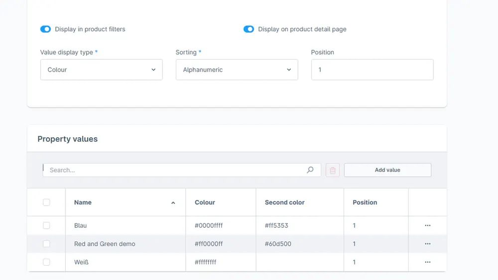 Screenshot Farb-Eigenschaften mit zwei Farben für Shopware 6: Ansicht 2