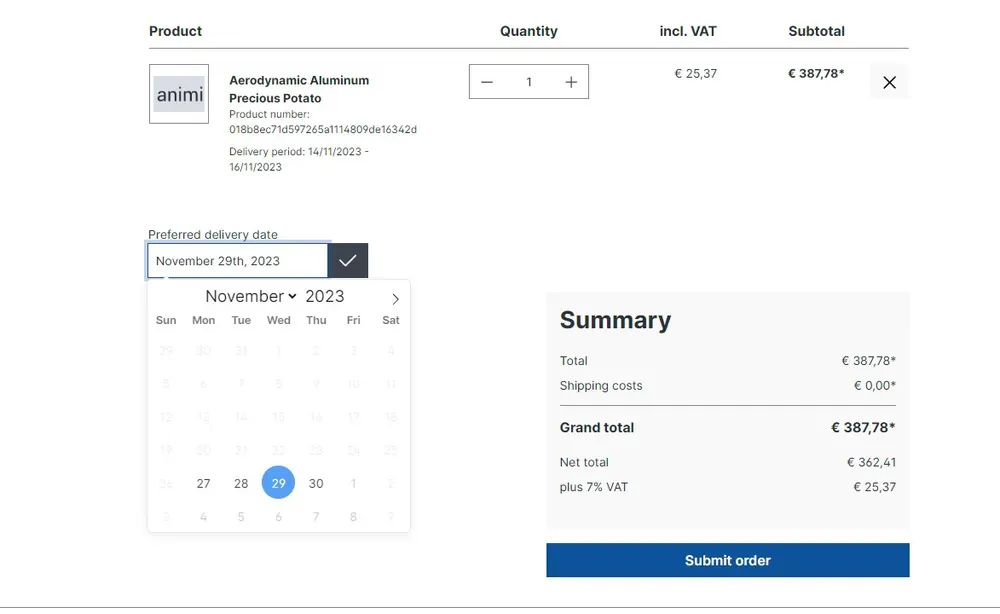 Screenshot Wunschliefertermin für Shopware 6: Ansicht 2
