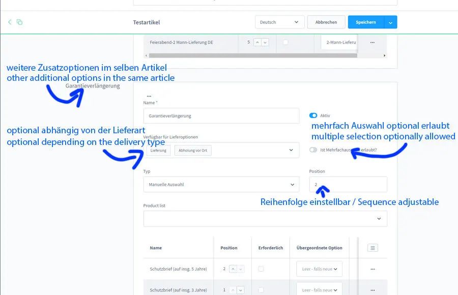 Screenshot Zusatzoptionen für Artikel für Shopware 6: Ansicht 2