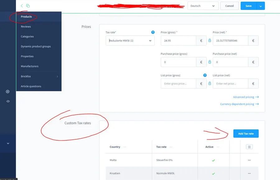 Screenshot OSS Extended: Steuersatz je Land und Produkt für Shopware 6: Steuersatz je Land und Produkt: Ansicht 2