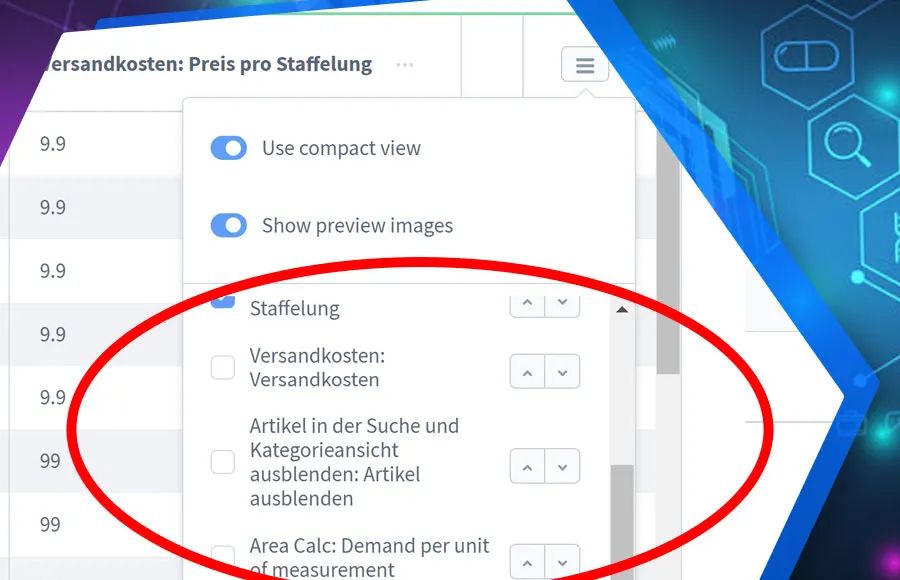 Screenshot Admin product overview with custom fields for Shopware 6: view 2