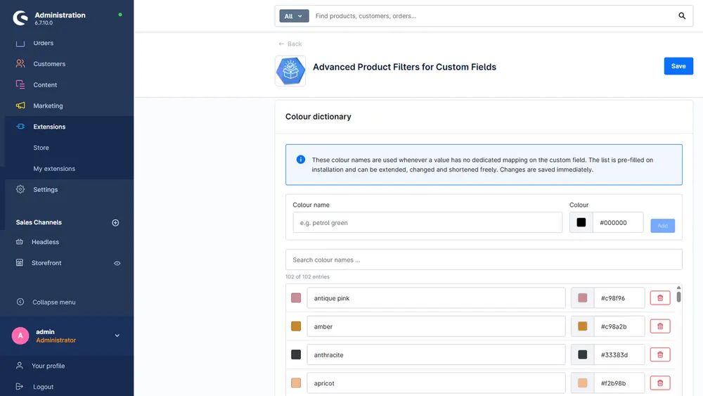 Screenshot Product filters for custom fields for Shopware 6: view 2