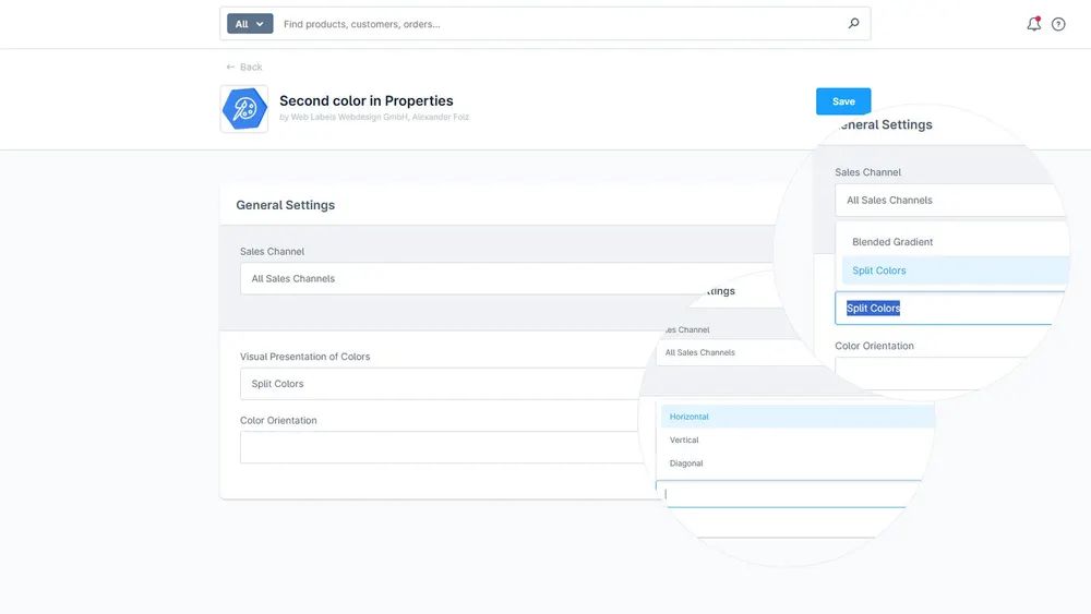 Screenshot Farb-Eigenschaften mit zwei Farben für Shopware 6: Ansicht 3