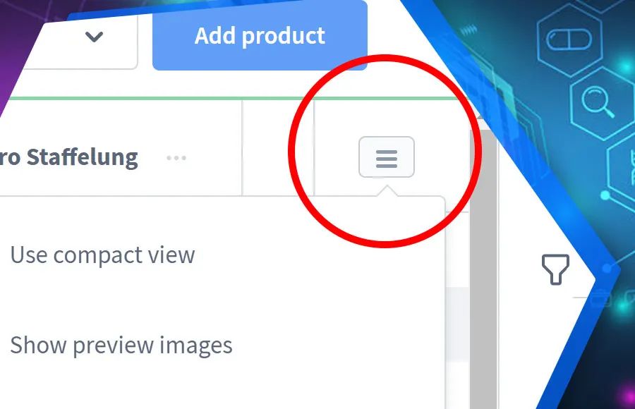 Screenshot Admin product overview with custom fields for Shopware 6: view 3