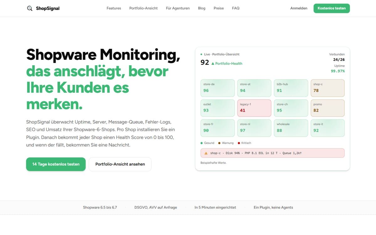 Startseite von ShopSignal, dem Monitoring für Shopware-Shops