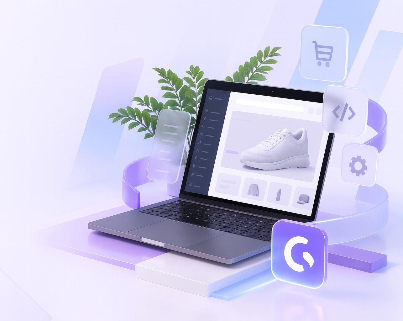 Laptop mit einem Shopware-6-Onlineshop in 3D-Optik, umgeben von Symbolen für Warenkorb, Code und Einstellungen