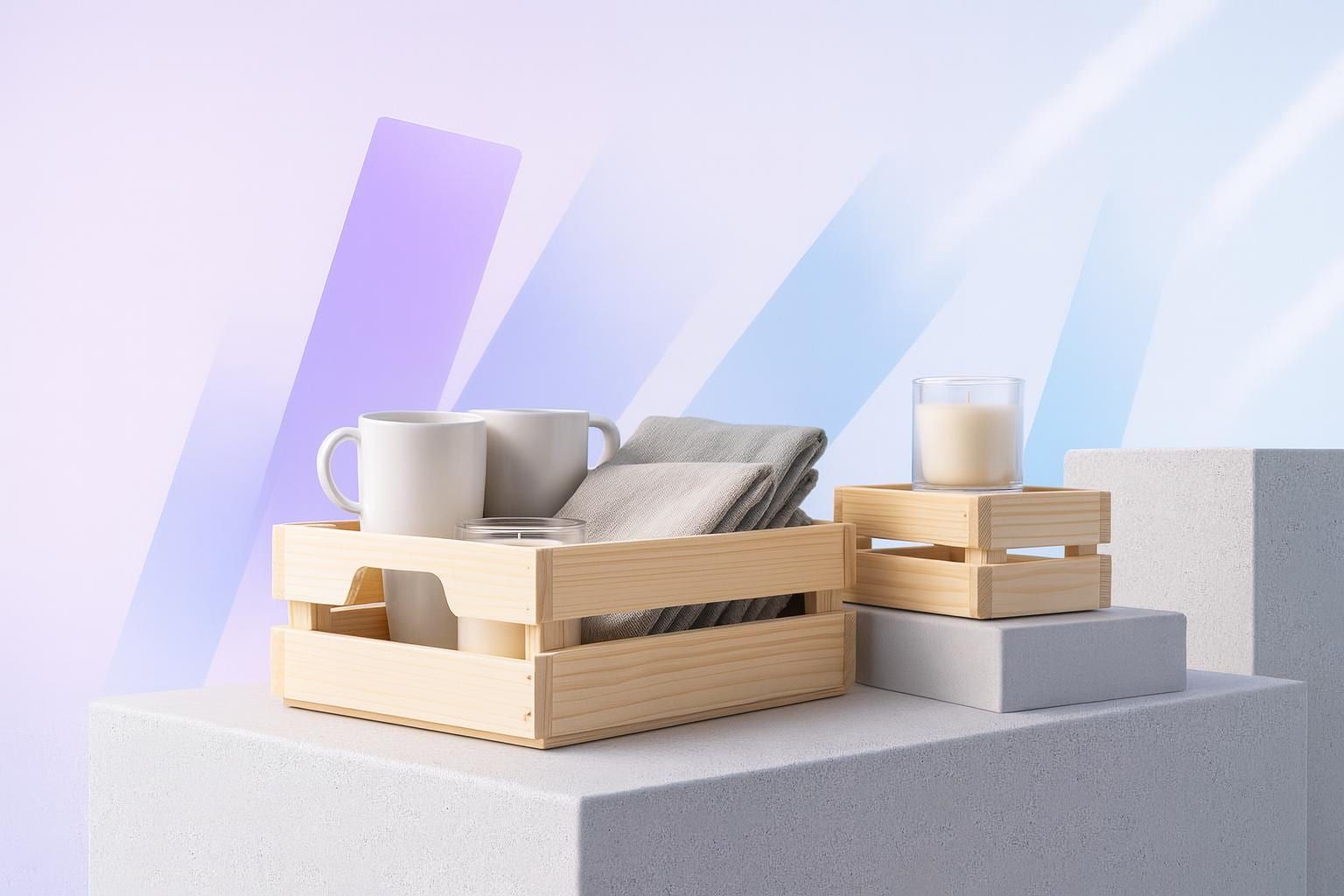 Wooden crates with mugs, candles and linen, symbolising wholesale with the Shopware 6 Faire integration