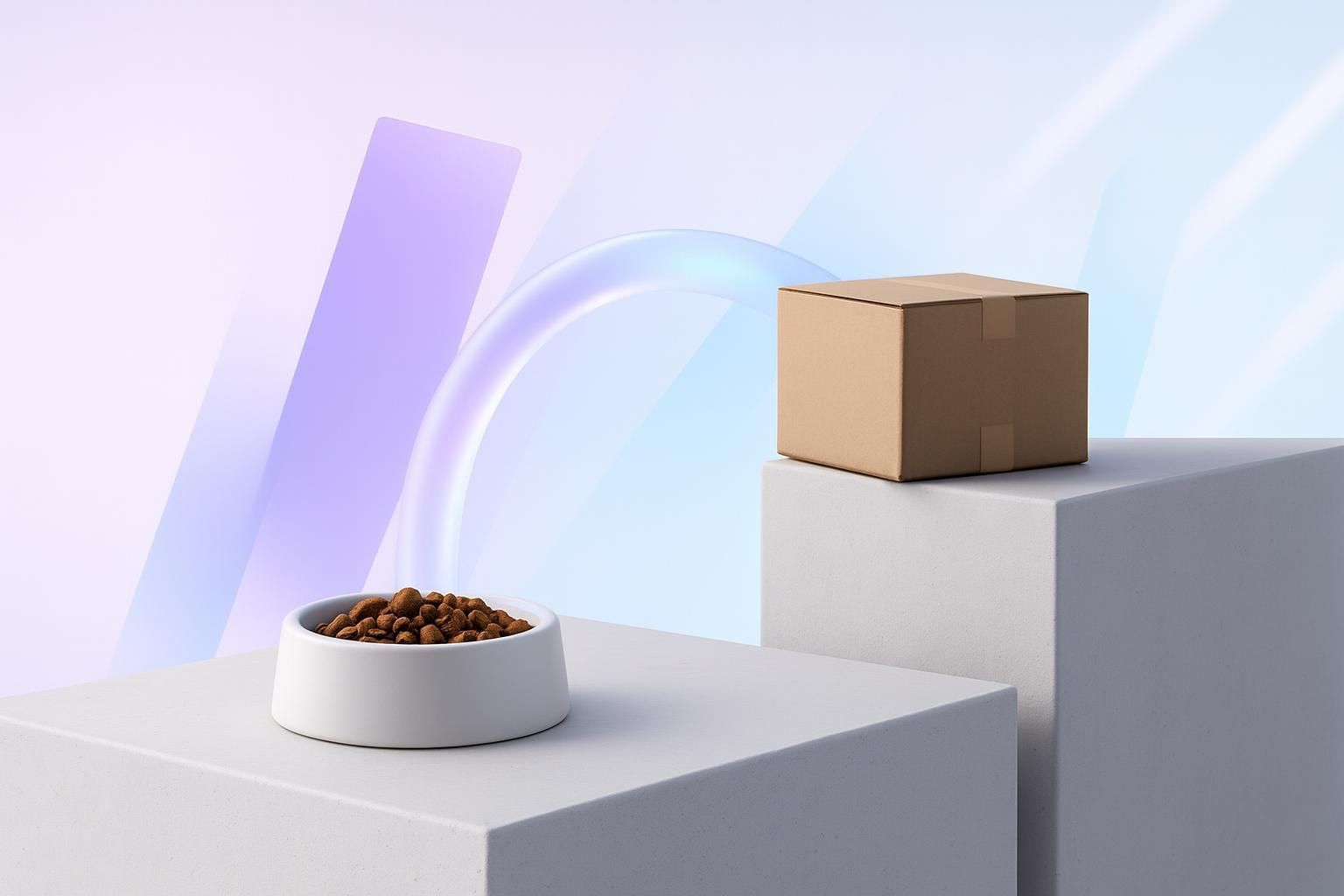 Pet food bowl and shipping box connected by a glass tube, symbolising the Shopware 6 Fressnapf integration