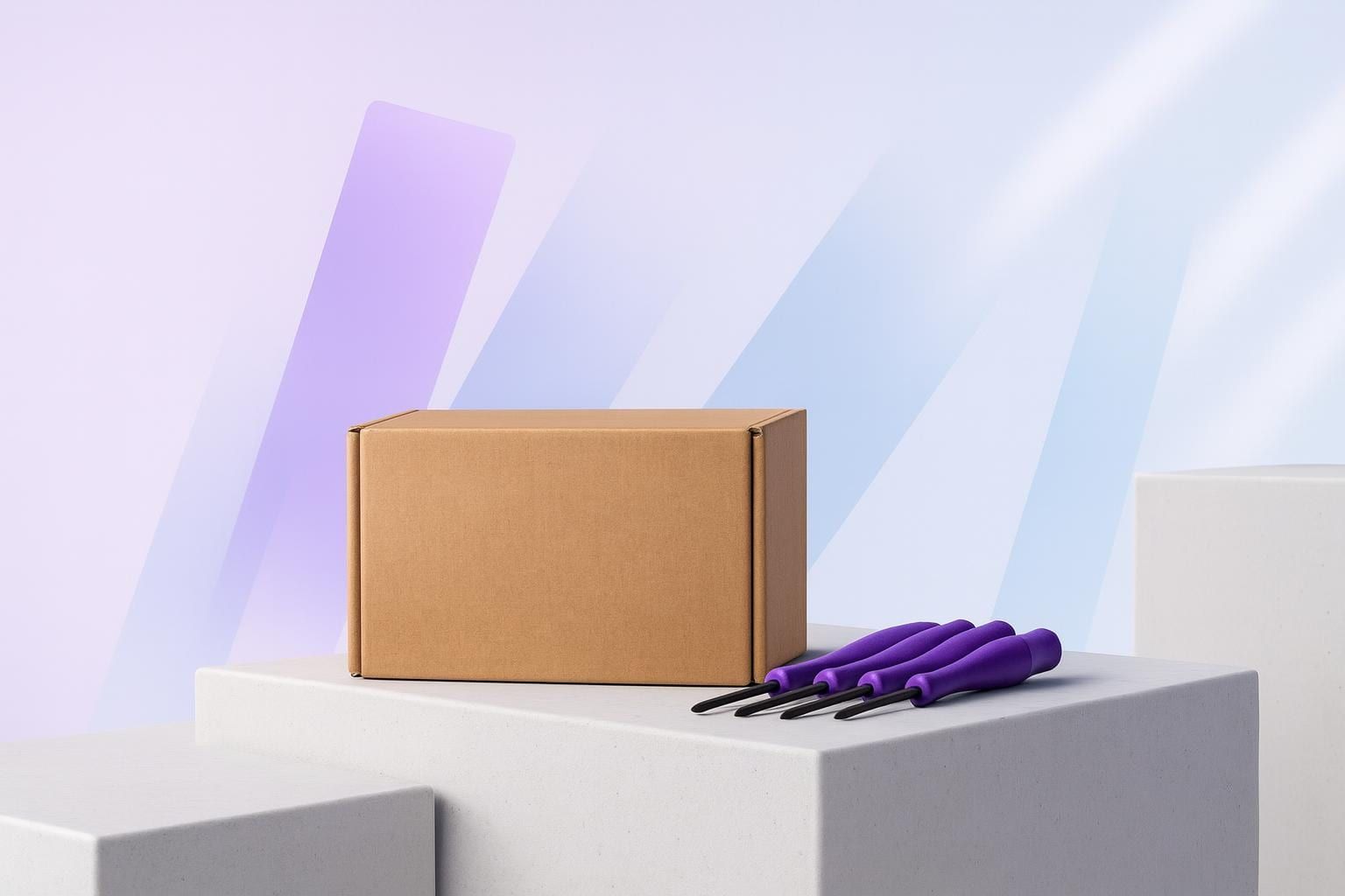 Shipping box with precision screwdrivers (violet handles), symbolising Shopware maintenance