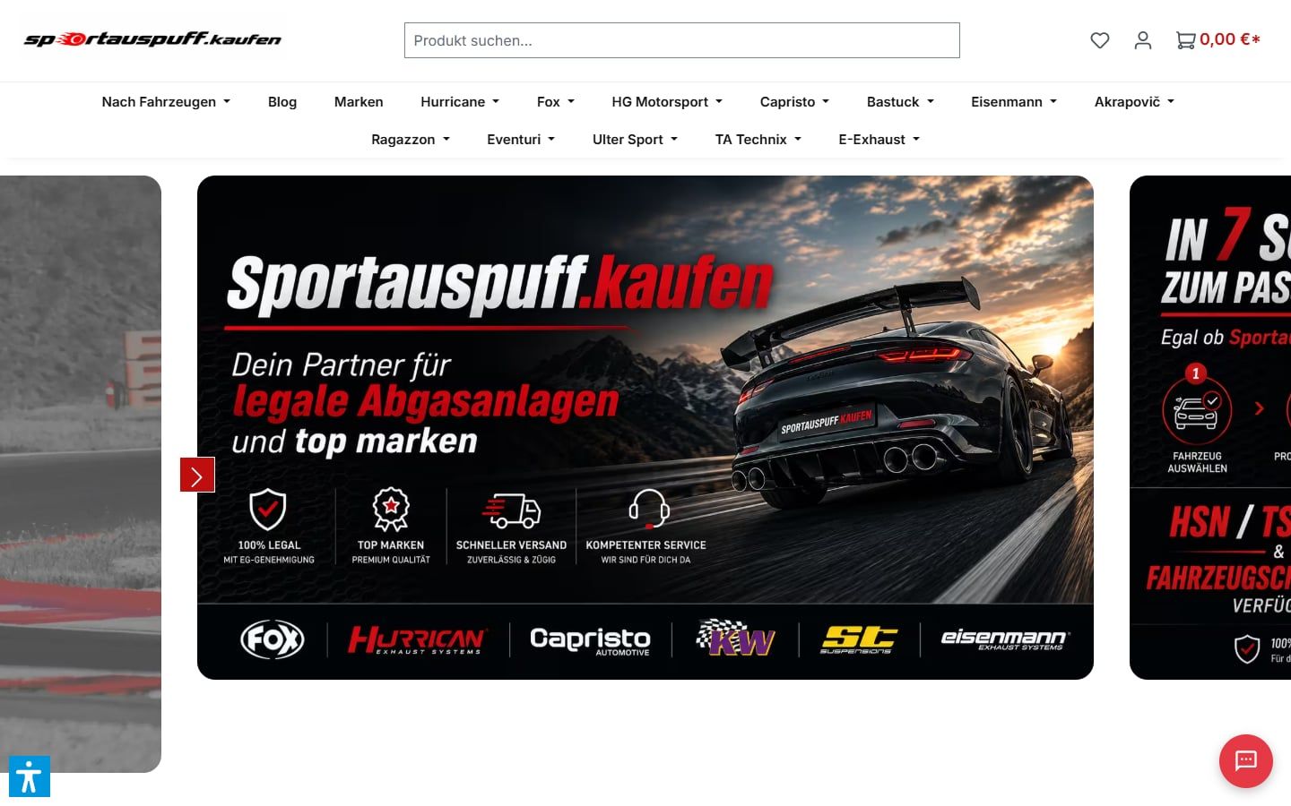 Startseite des Shopware-6-Shops sportauspuff.kaufen mit Sportwagen und Abgasanlagen-Marken, umgesetzt von Web Labels