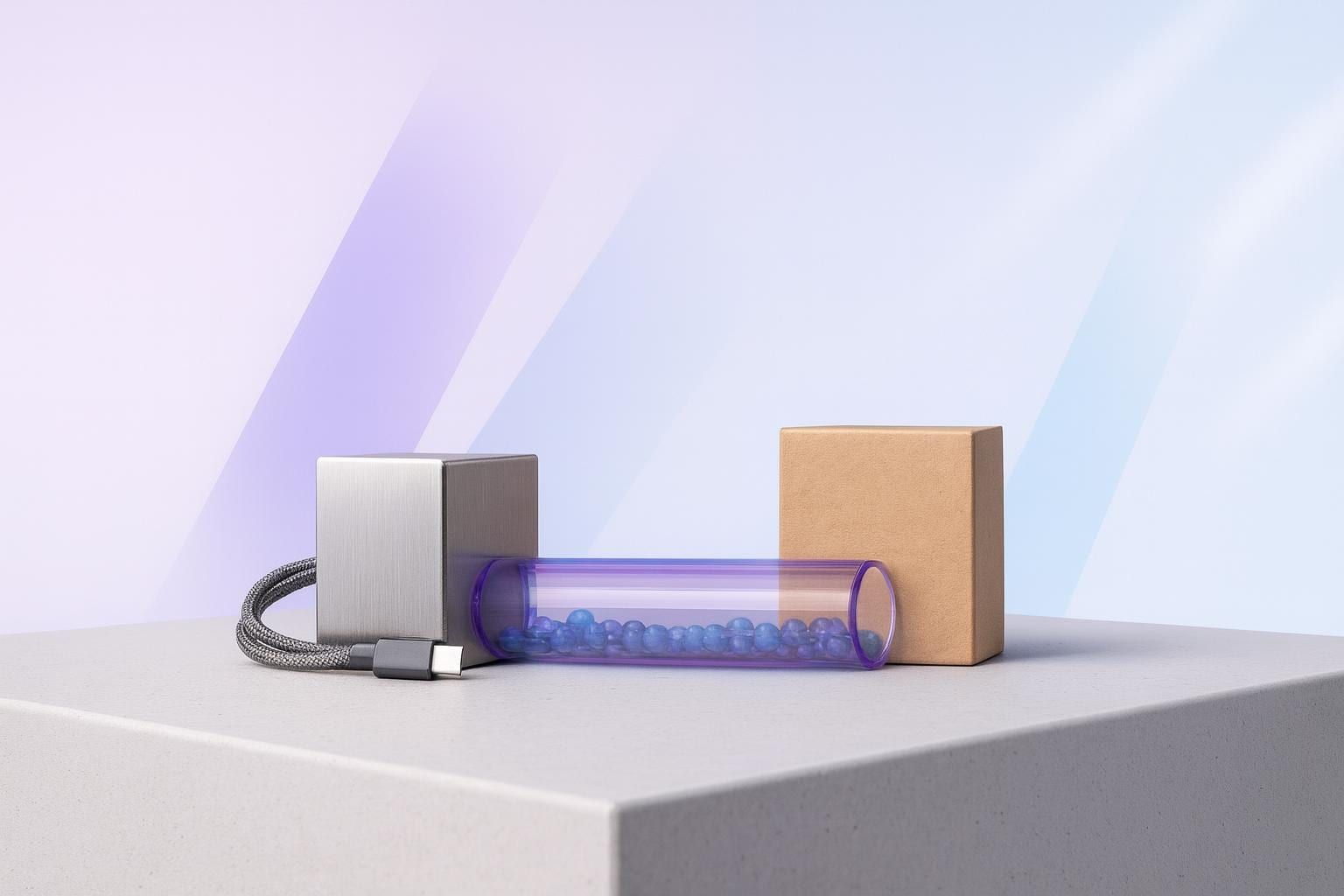 Aluminiumblock mit Glasbrücke und Karton als Sinnbild für sync4 Partner-Agentur