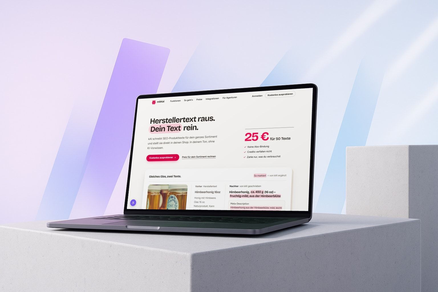 Laptop mit der Web-App mitKAI für KI-Produkttexte, ein Softwareprojekt von Web Labels